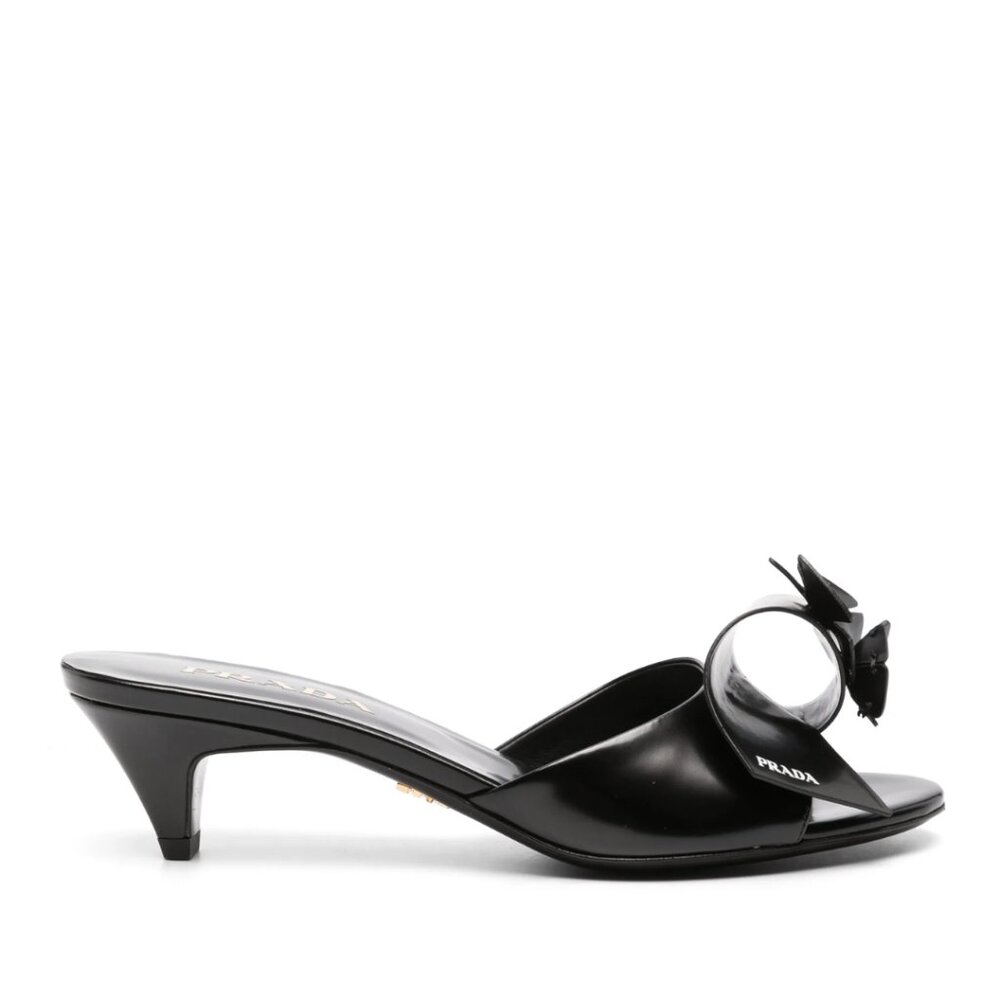 NWT Prada Slip-on Sandals Black Leather Flower Vamp Cone Heels  Sz 36